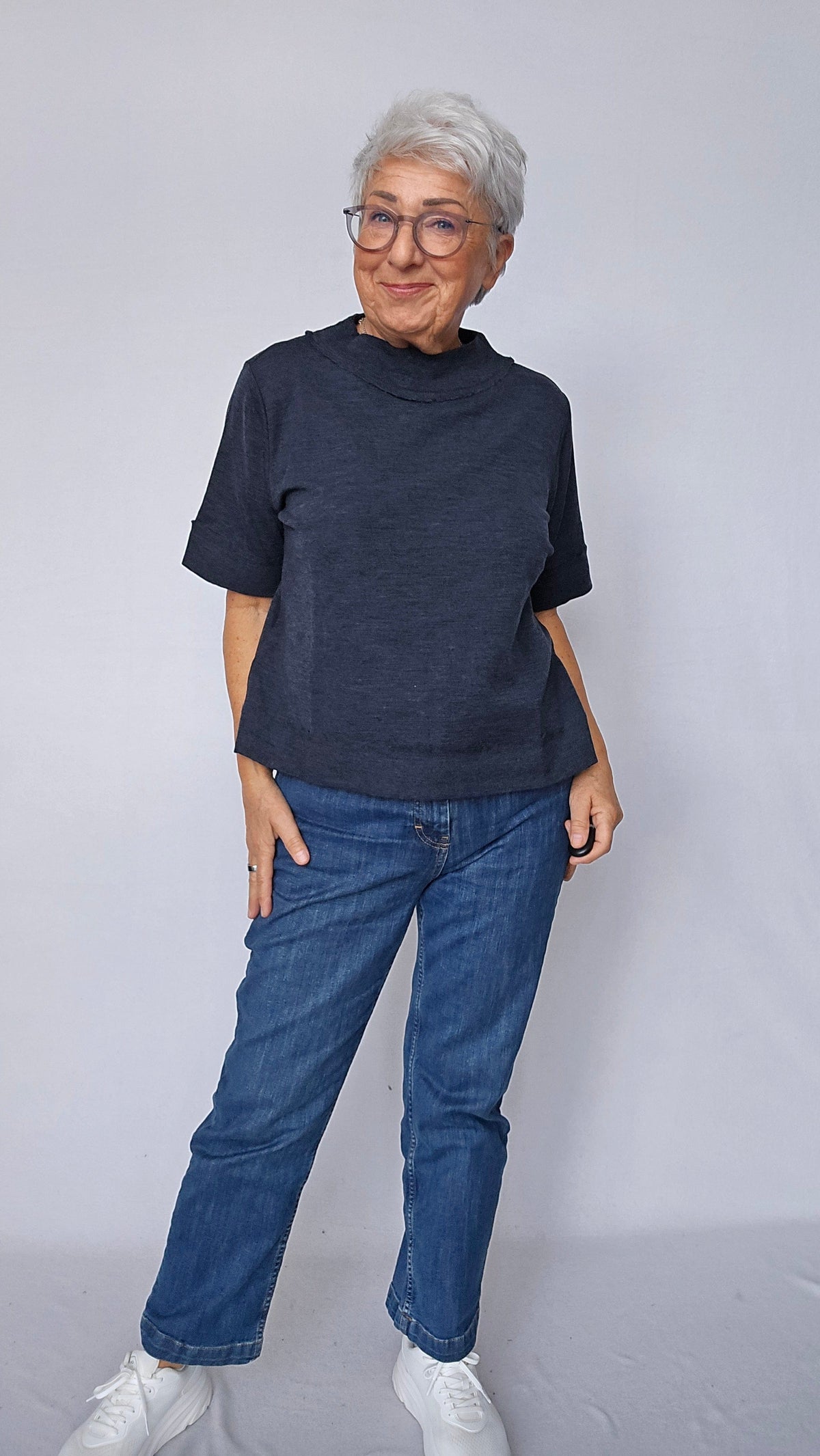 By Basics Topp Midnight blue melange / S By Basics- 4070 Ulltopp med 3/4-ermer kunstkolonialen