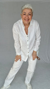 CRO Bukse 34 / White CRO- Magic fit flared leg Ecru og Dark Blue kunstkolonialen