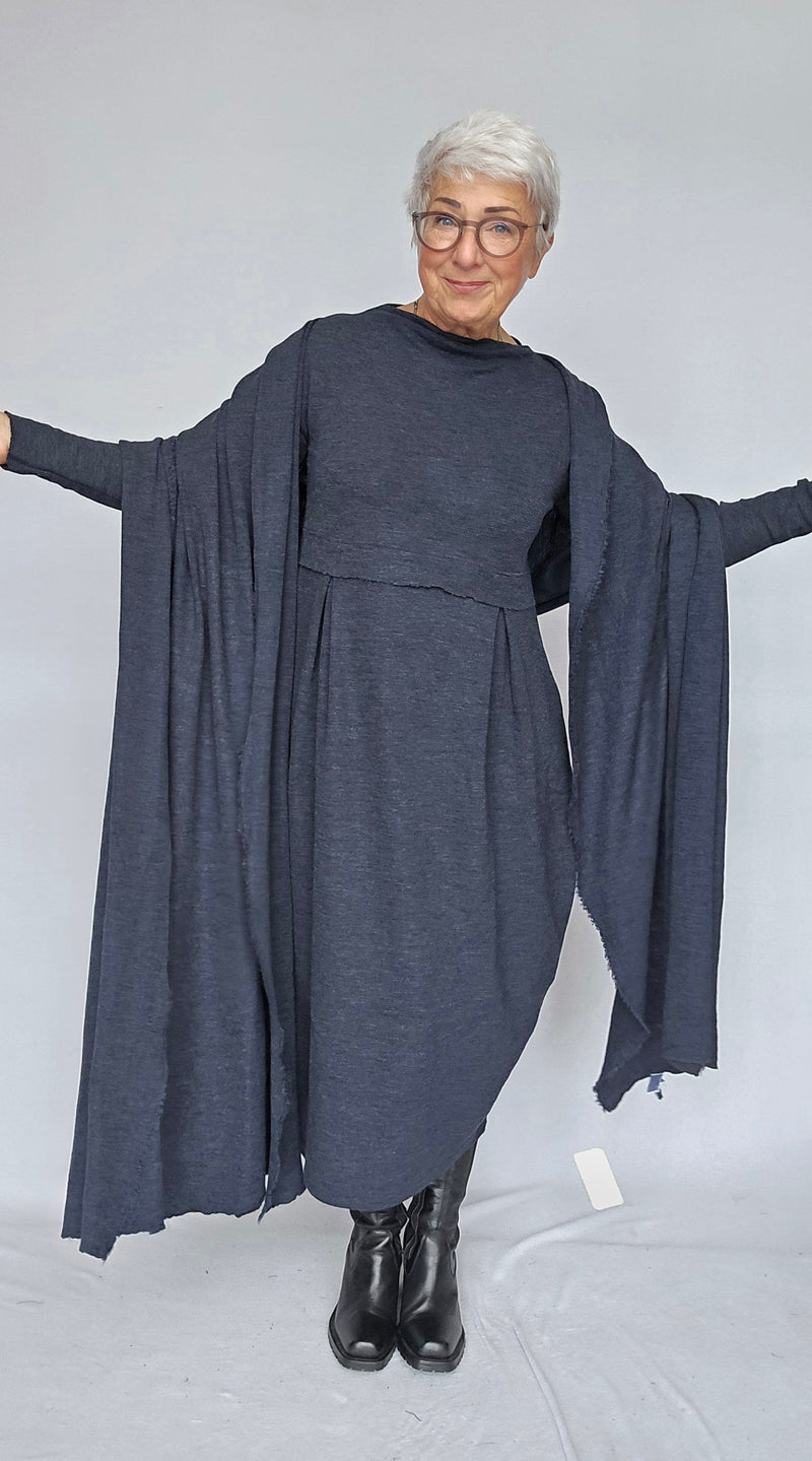 By Basics Kjoler Midnight blue melange / S By basics- 7045 Dress Long W/Pleats & High Neck kunstkolonialen