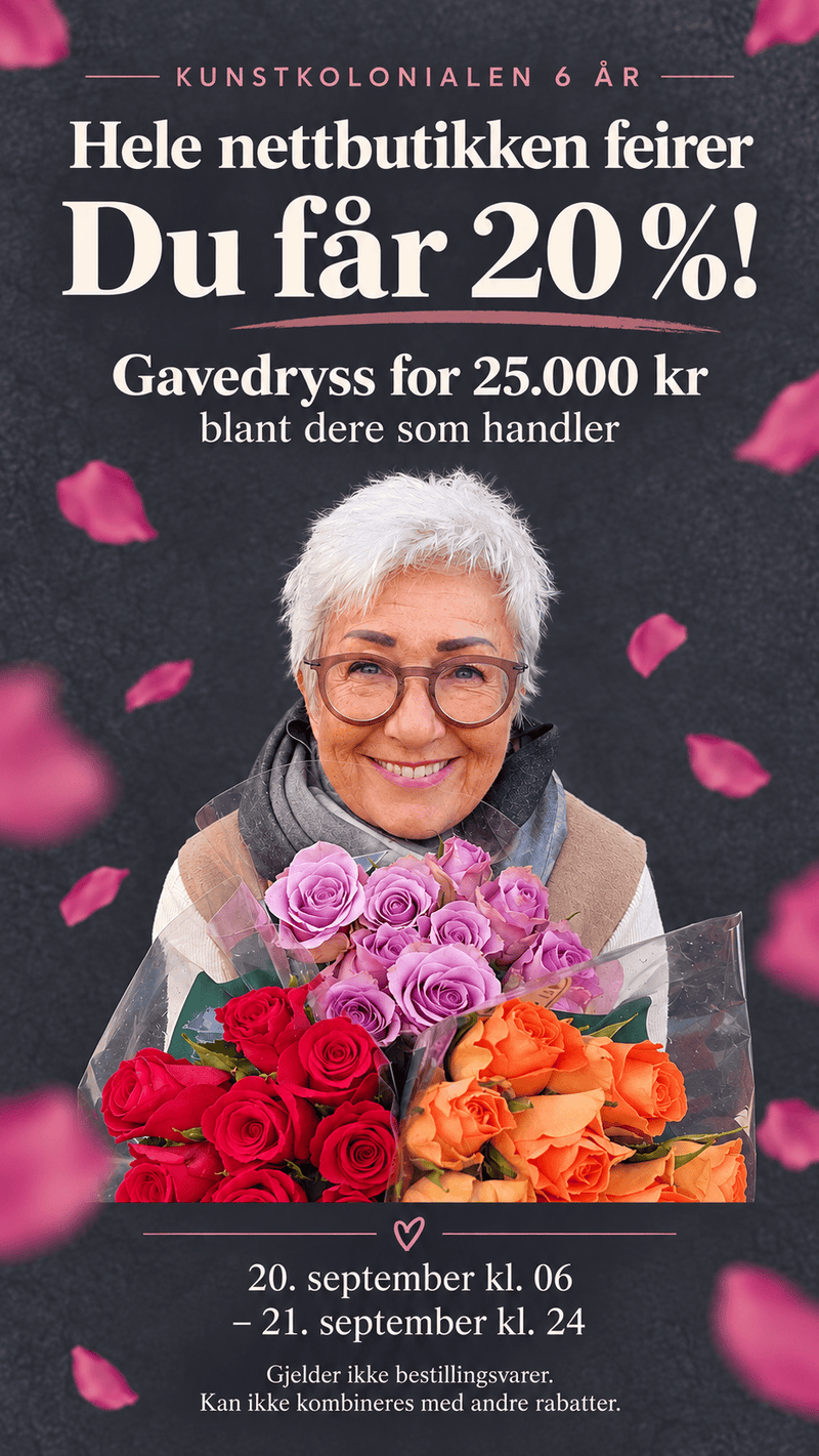 Kunstkolonialen 6 år – jubileumstilbud 20.–21. september, stående mobilbanner.